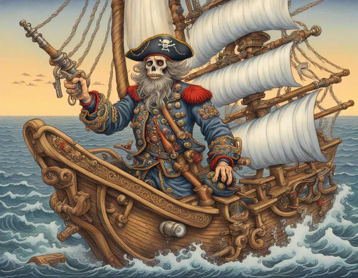 Ghost Pirate on Ship Deck in Arthur Szyk Style