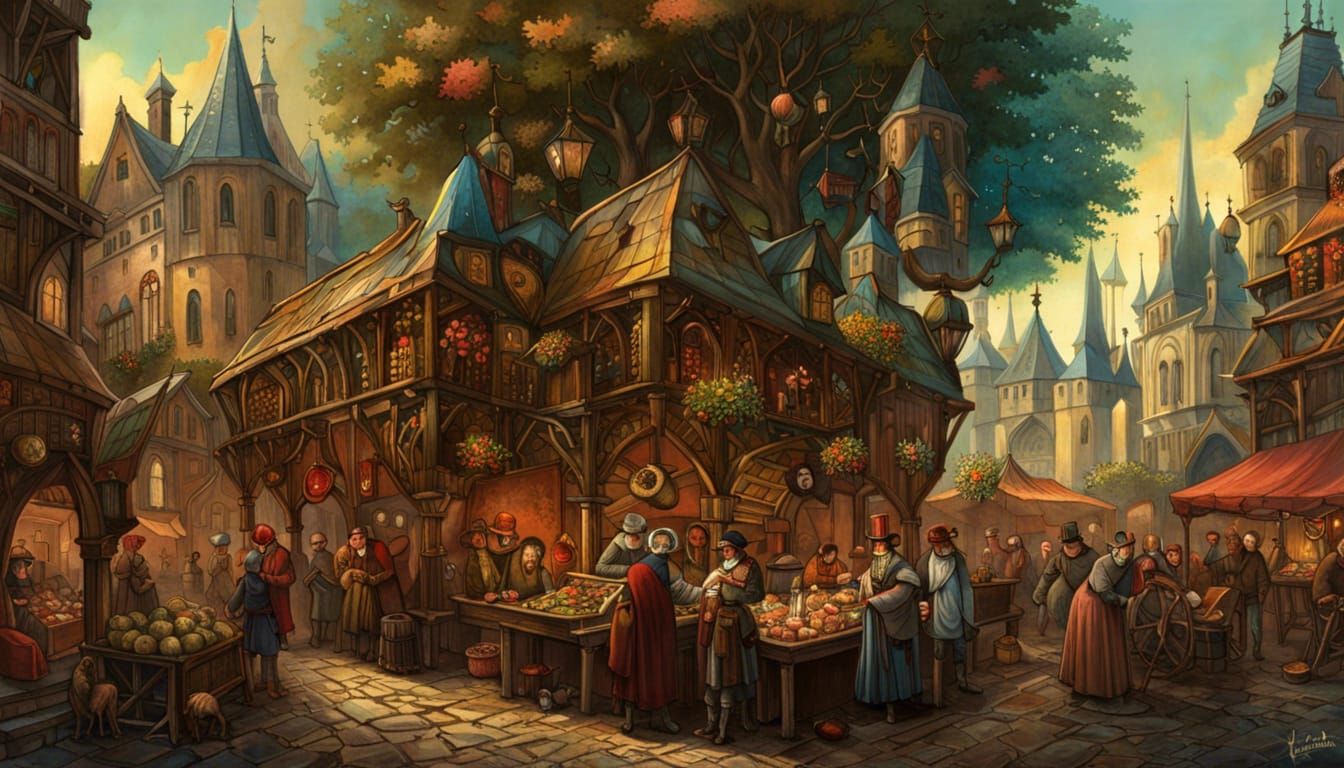 Bustling Medieval Steampunk Marketplace Illustration