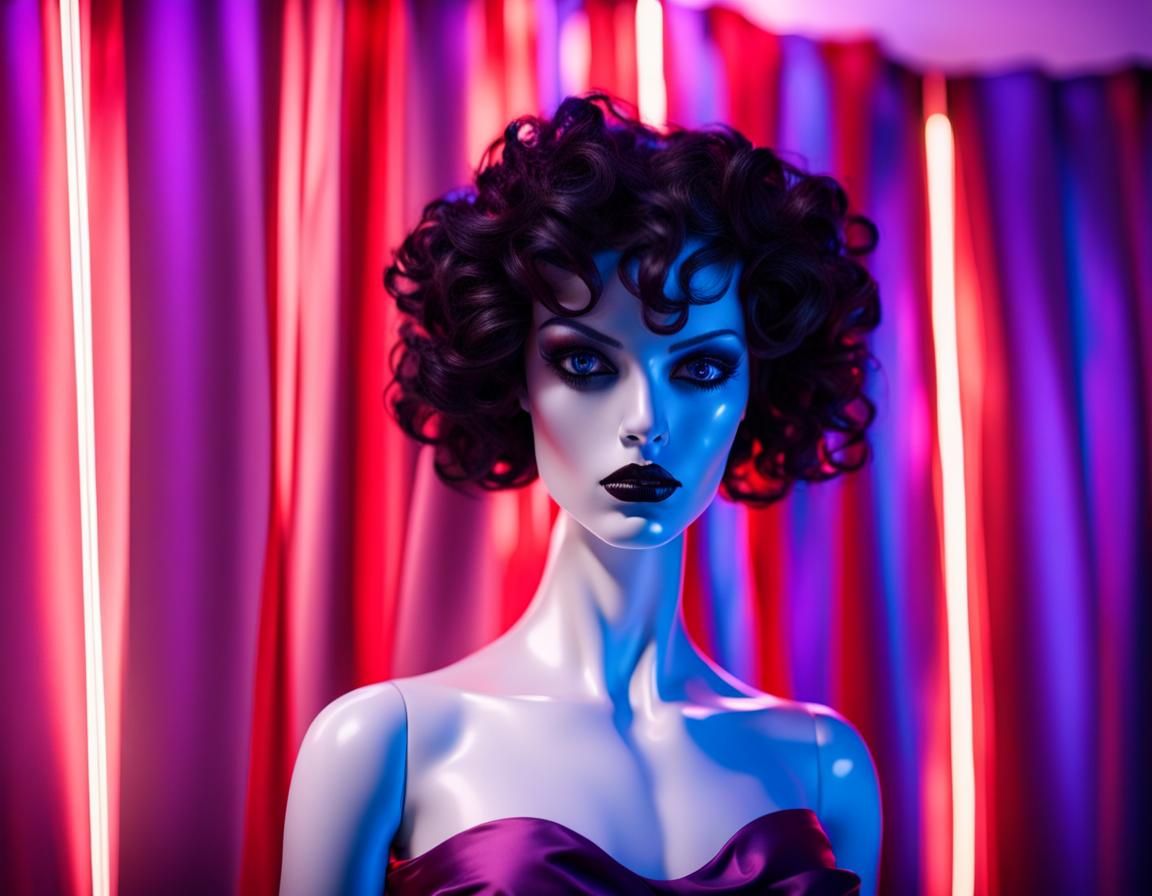 Elegant Mannequin in Kaleidoscopic Horror Movie Scene