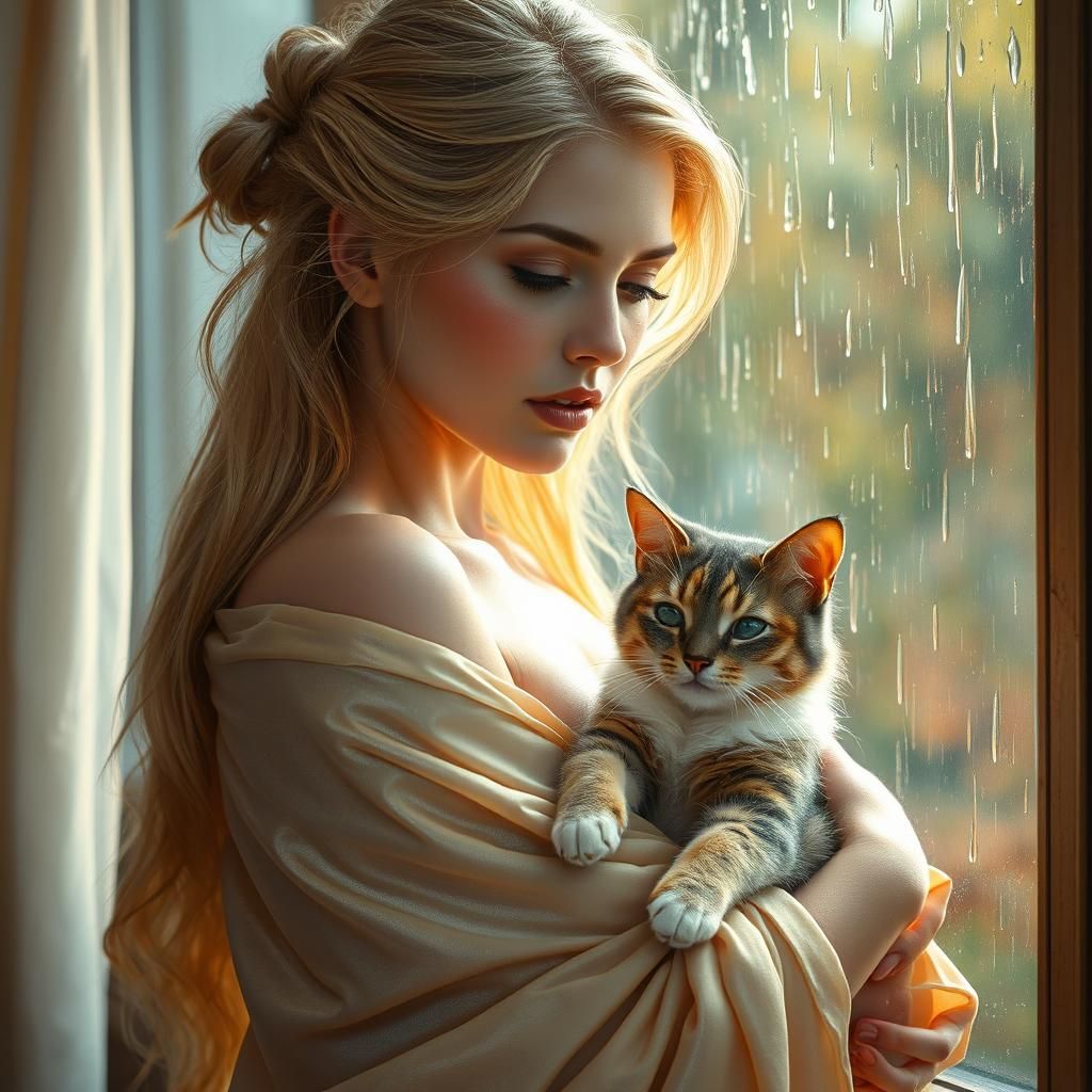 Contemplative Woman with Cat, Pre-Raphaelite Style