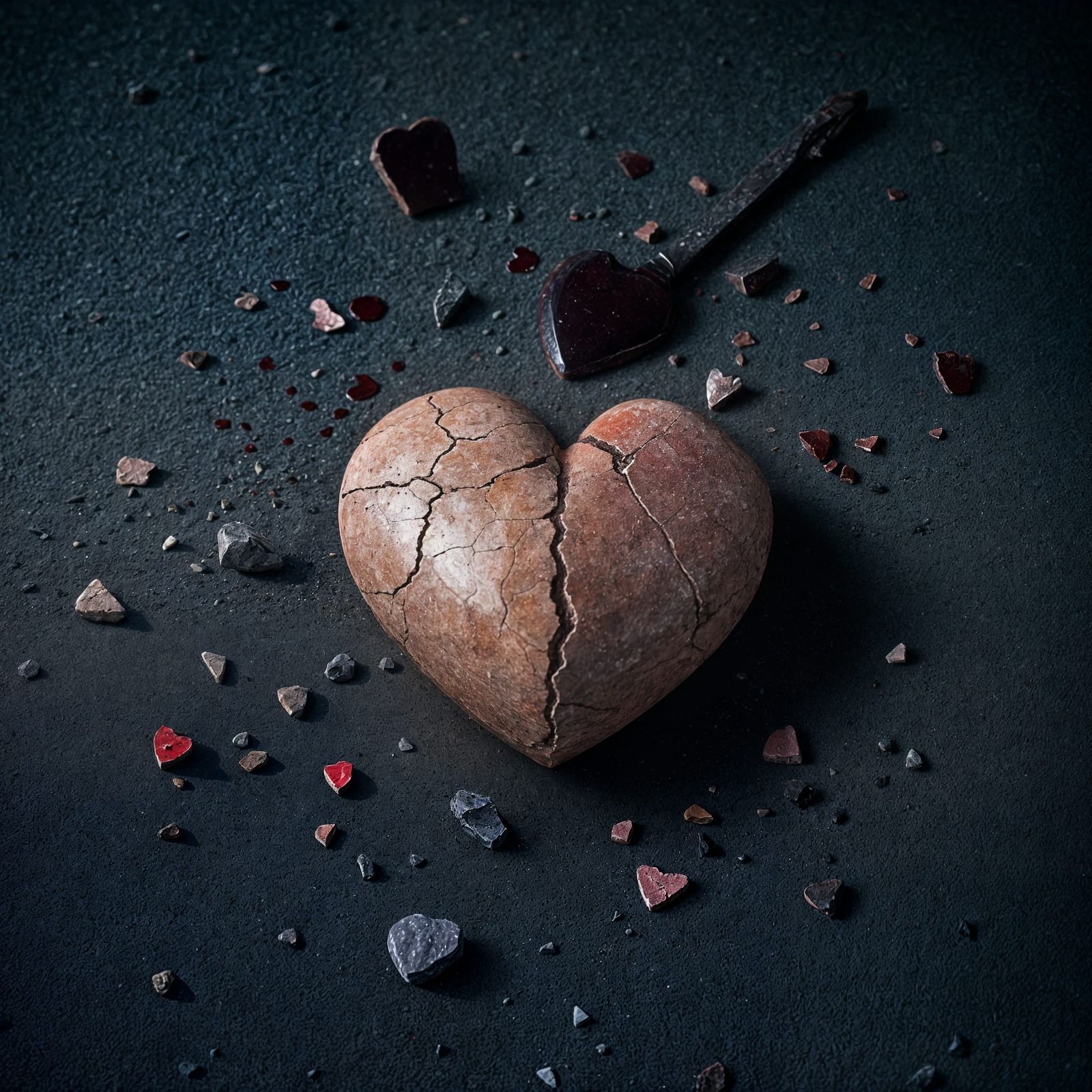 A cracked, reddish-pink heart, appearing fragile and broken,