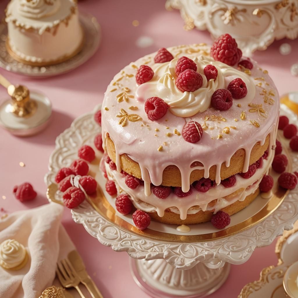 Lavish Raspberry Cream Cake in Wes Anderson Style
