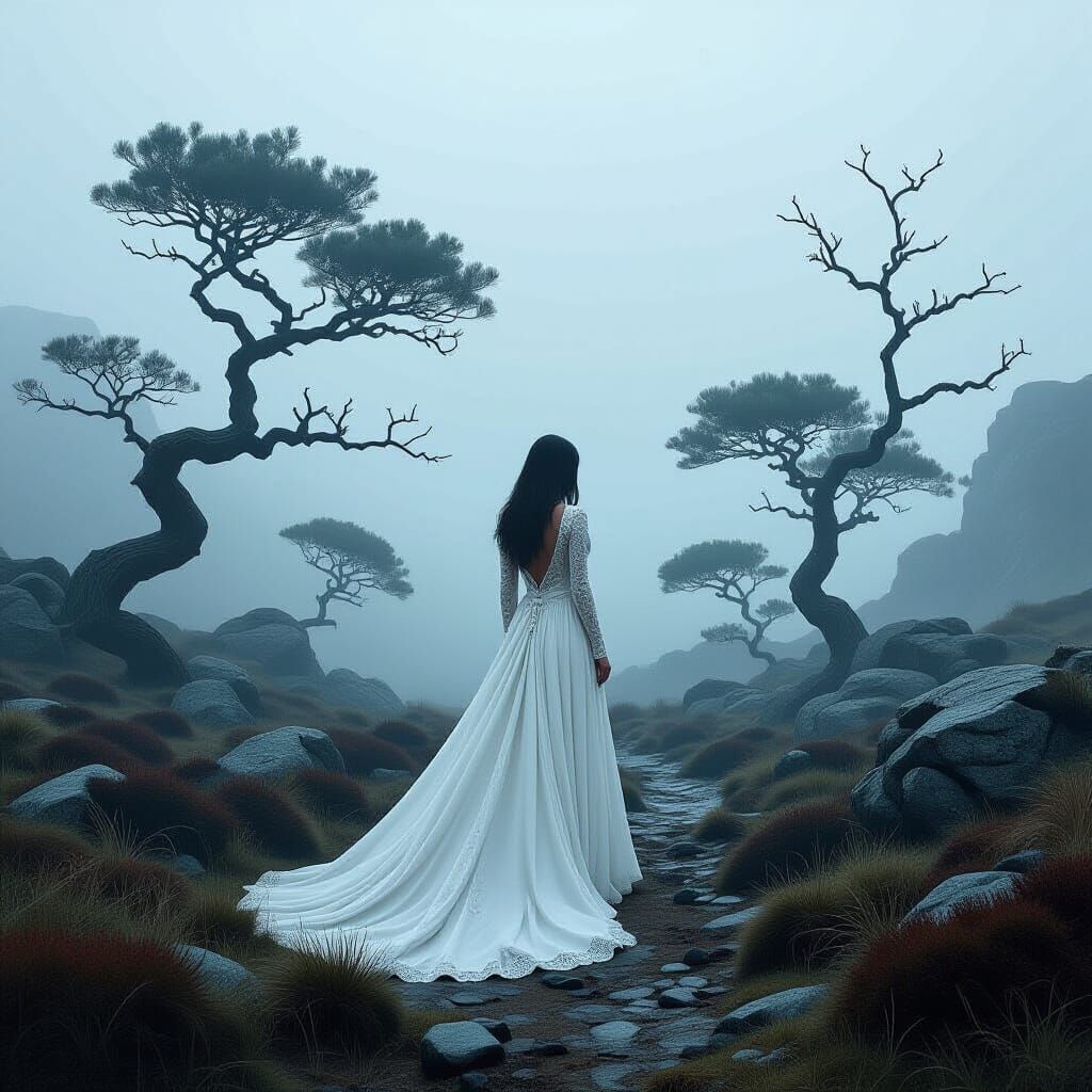Eerie Bride on Misty Moor in Dark Fantasy Style