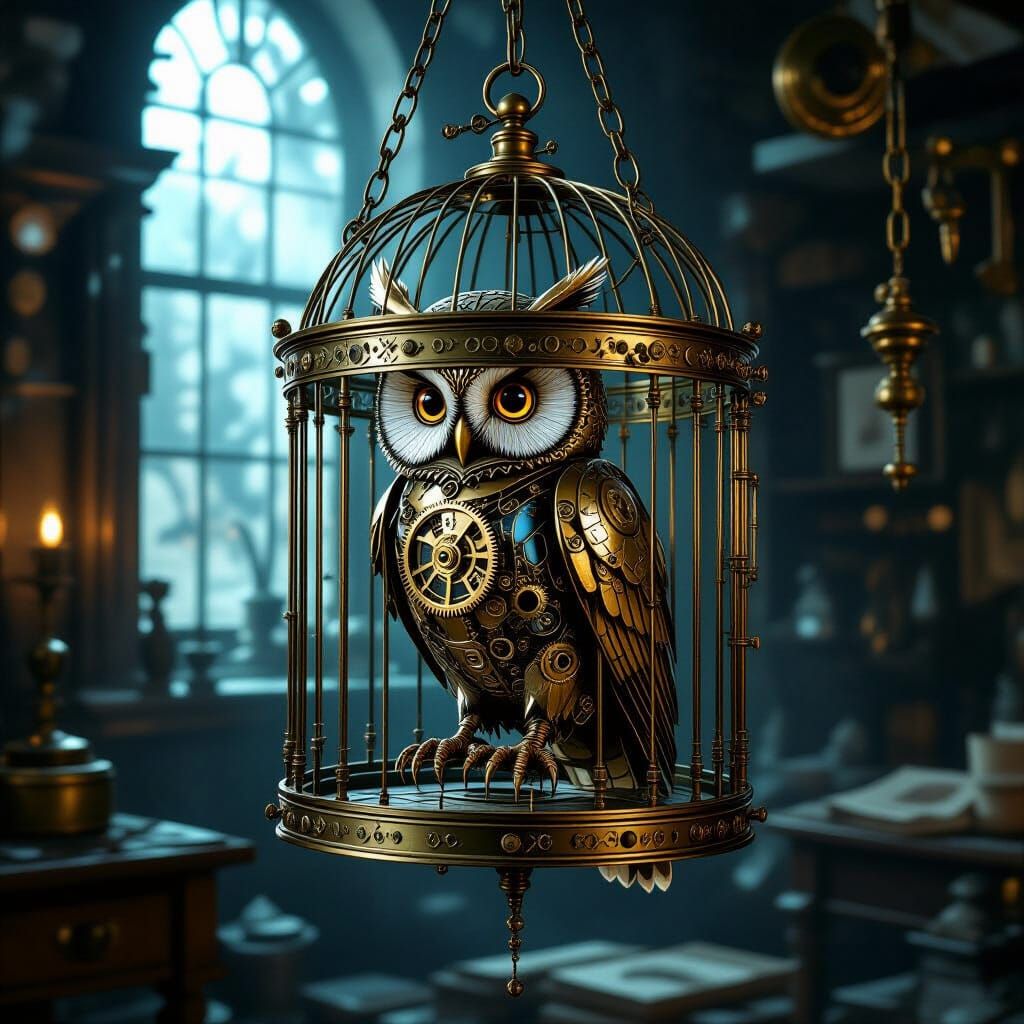 Intricate Mechanical Owl in Victorian Brass Cage