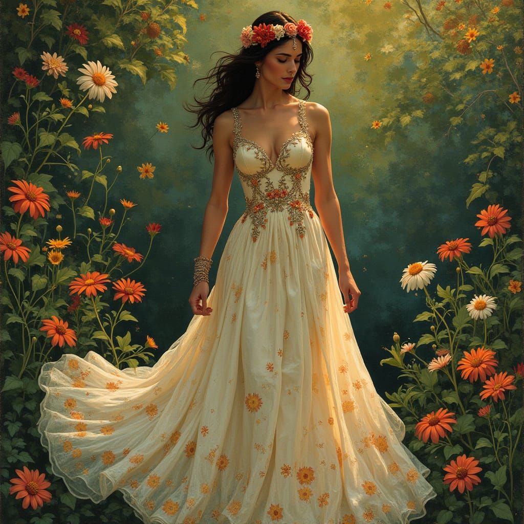 Elegant Woman in Lush Garden, in Art Nouveau Style