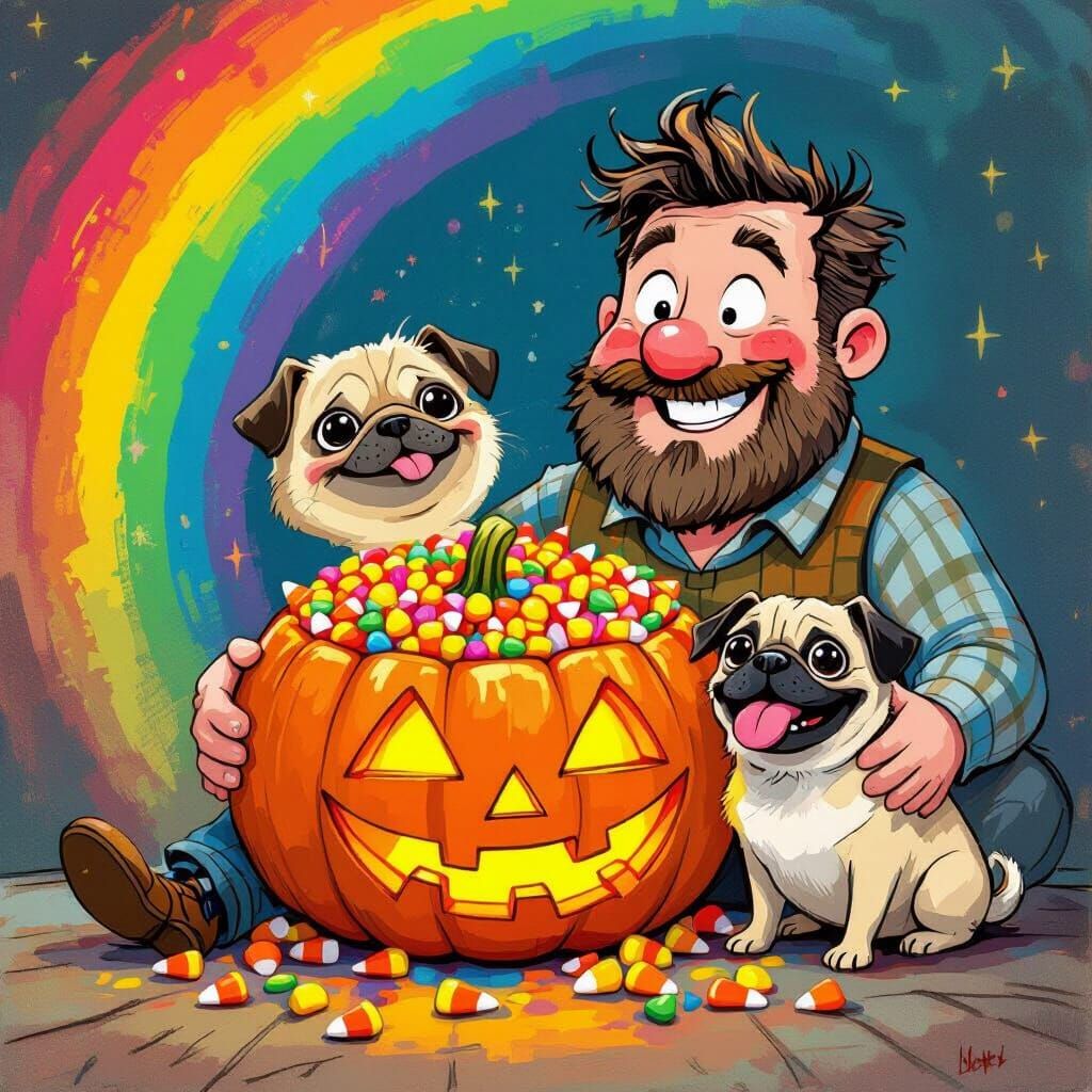 Whimsical Man With Candy Pumpkin and Pug