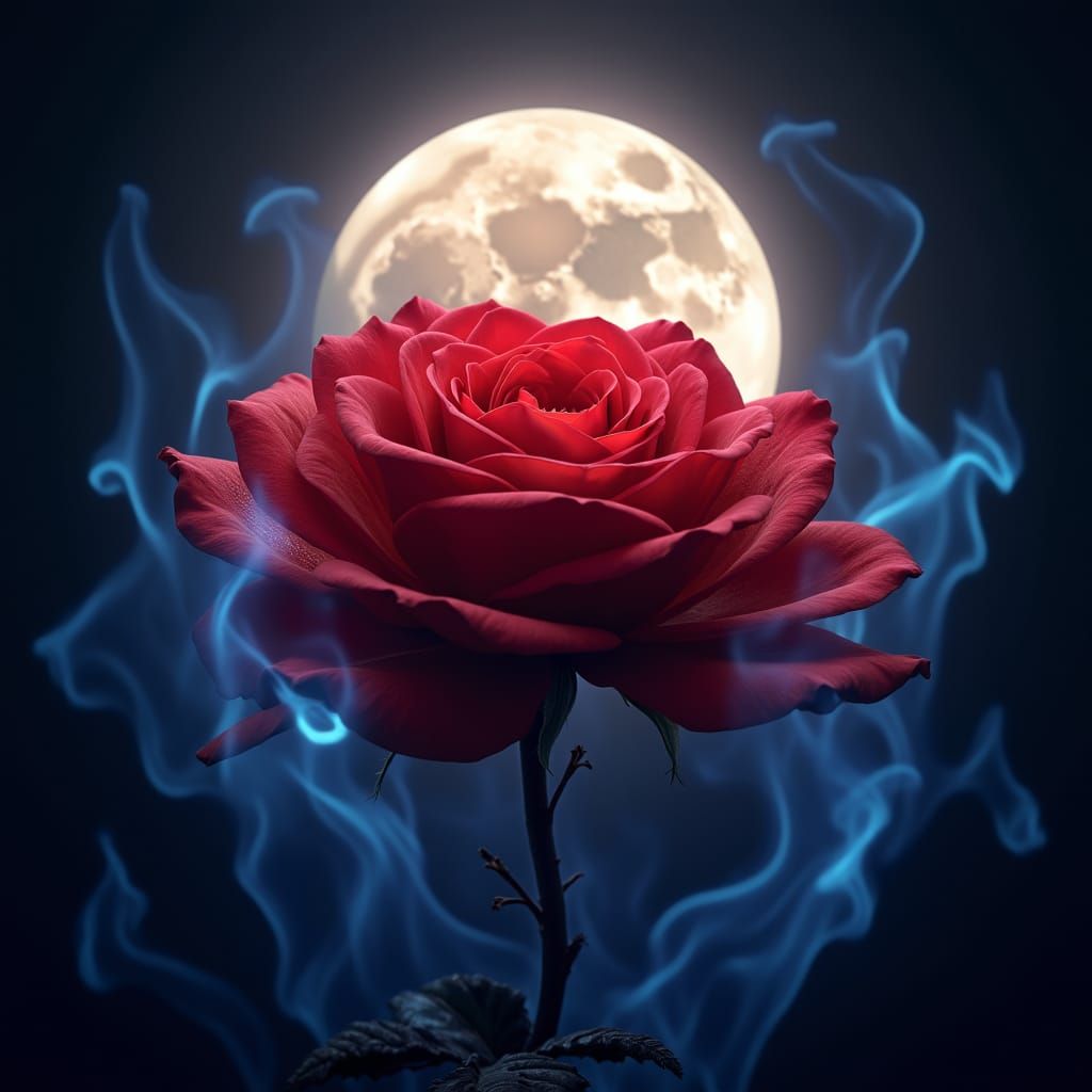 Rose in Blue Flames Under a Glowing Moon