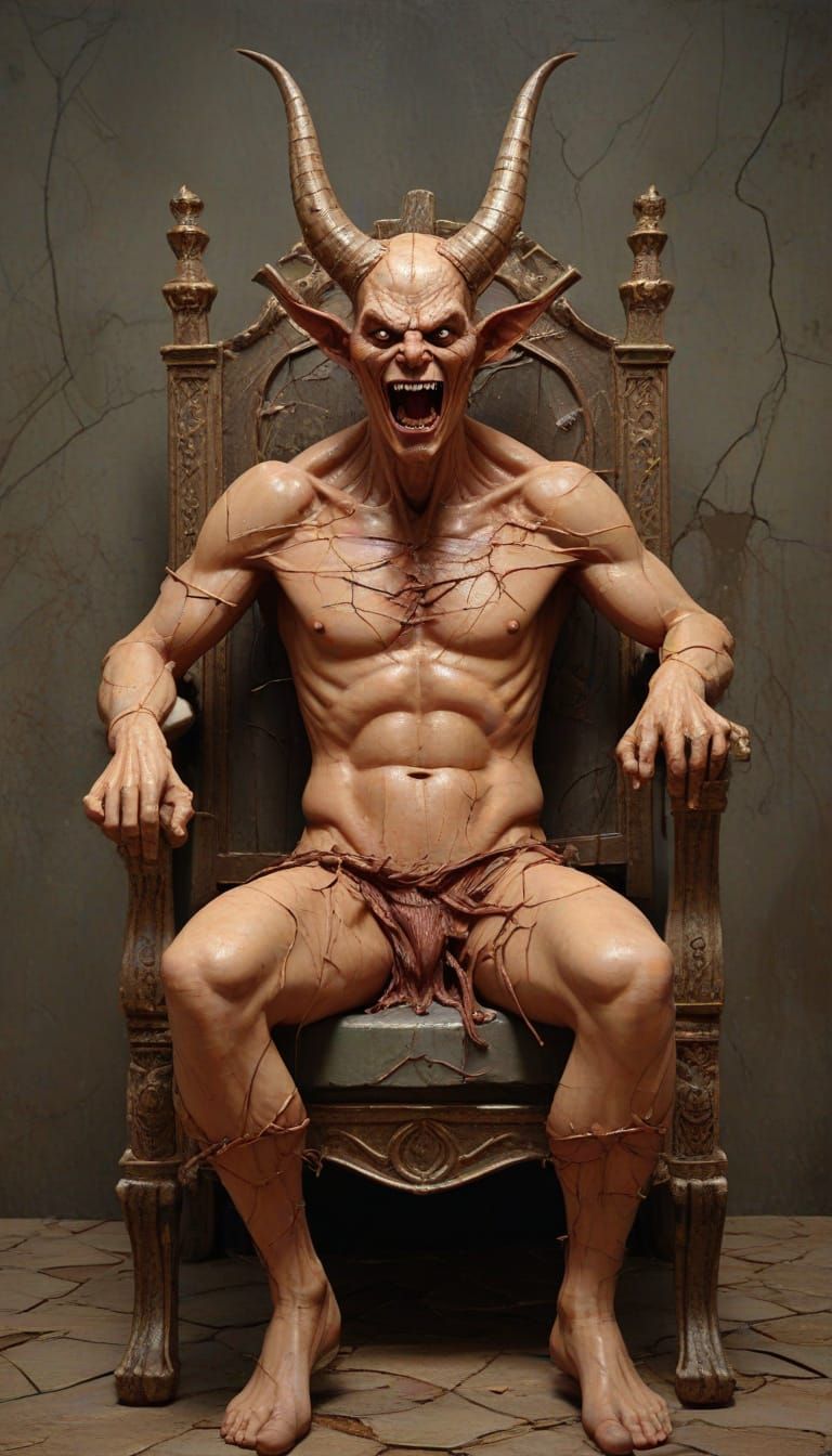 Demonic Figure Laughing on Broken Throne