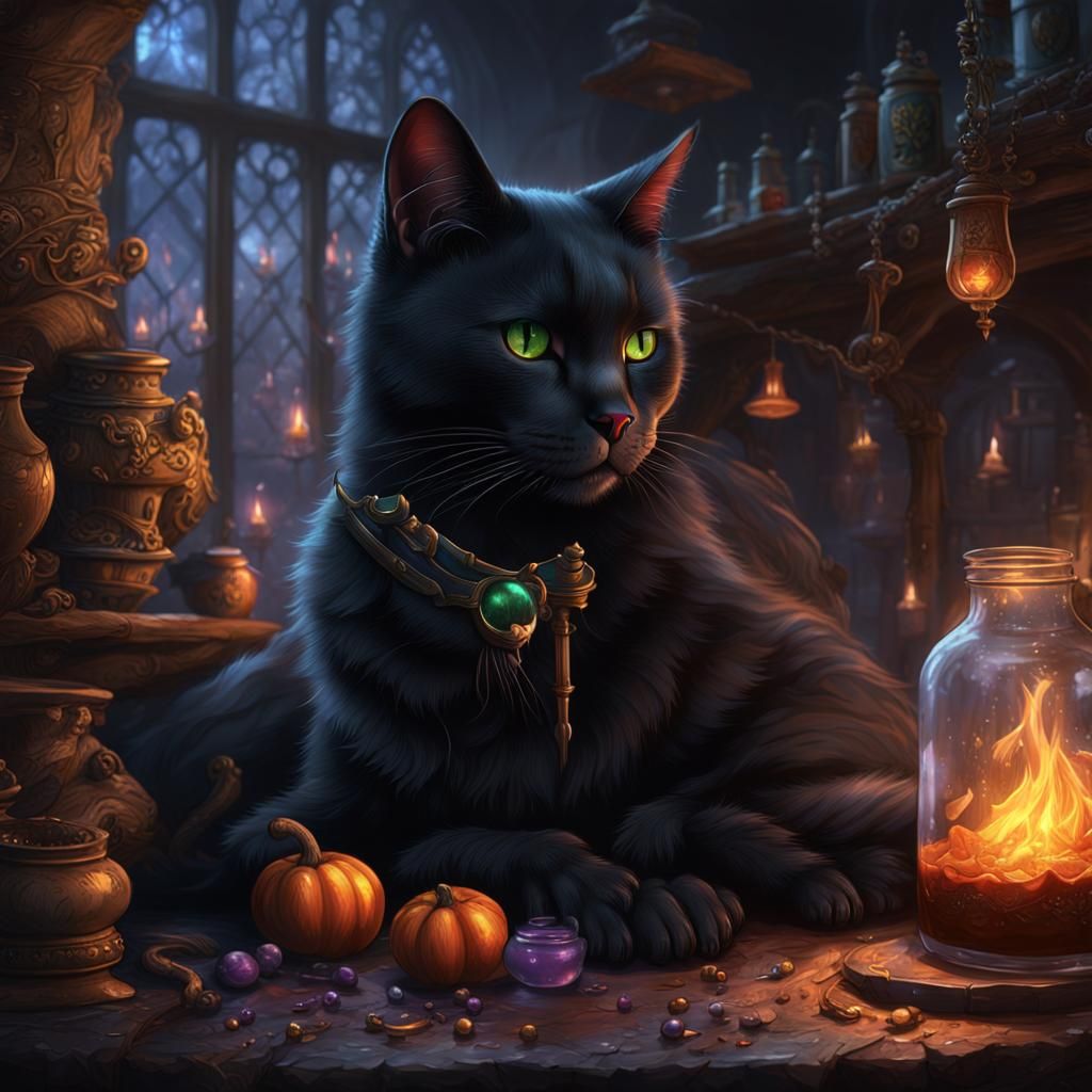Black Cat Curled Up by Witch Making Potion