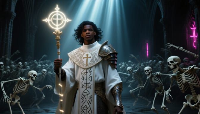 Heroic Cleric in Gothic Crypt Banishes Undead