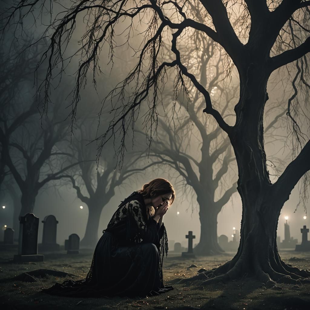 Woman Mourning in Gothic Graveyard with Glowing Willow