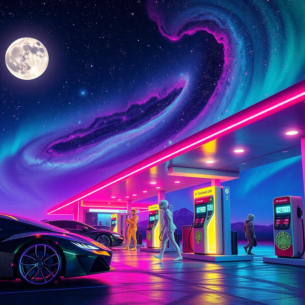 Otherworldly Gas Station with Futuristic Vehicles and Neon L...