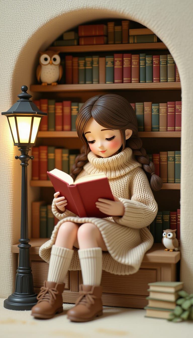 Miniature Library World with Girl Reading, 3D Render