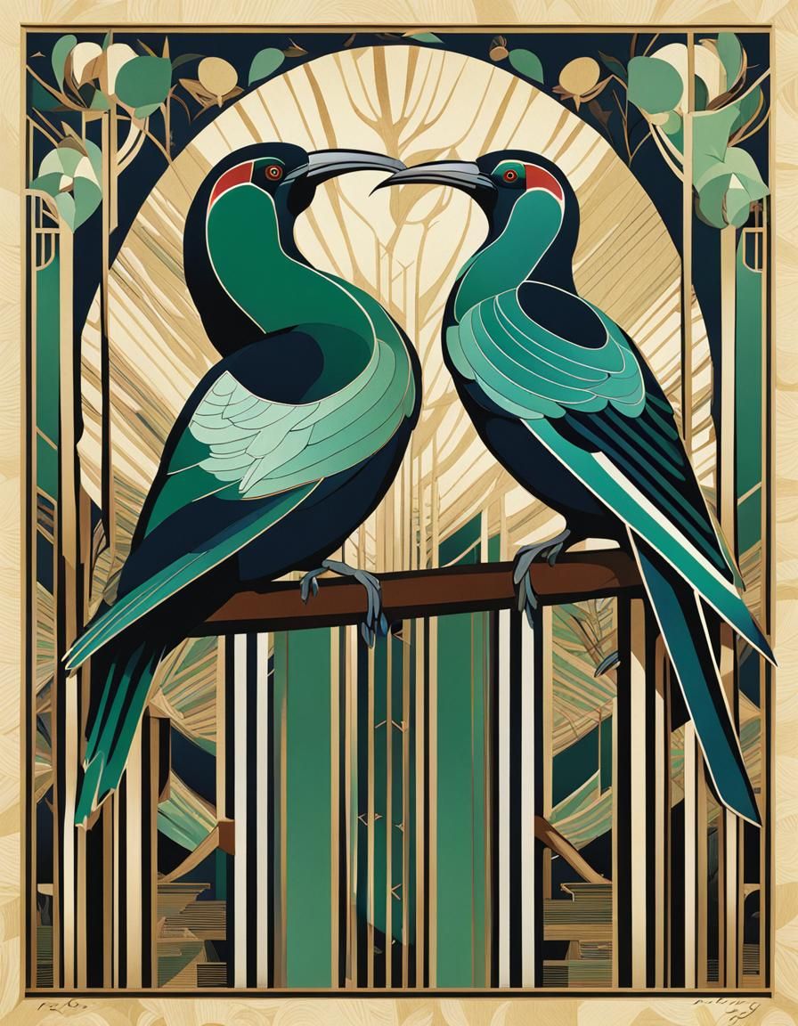 Kererū Birds in Art Deco Style