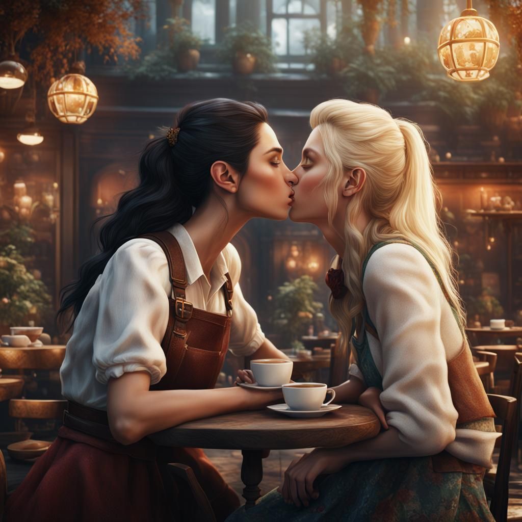 Two Women Kissing in a Cafe: Digital Art