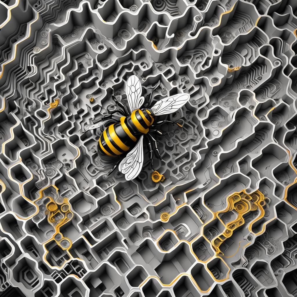 A2D coloring book grayscale maze for a bumble bee to fly through to get from the hive to the flowers ๐