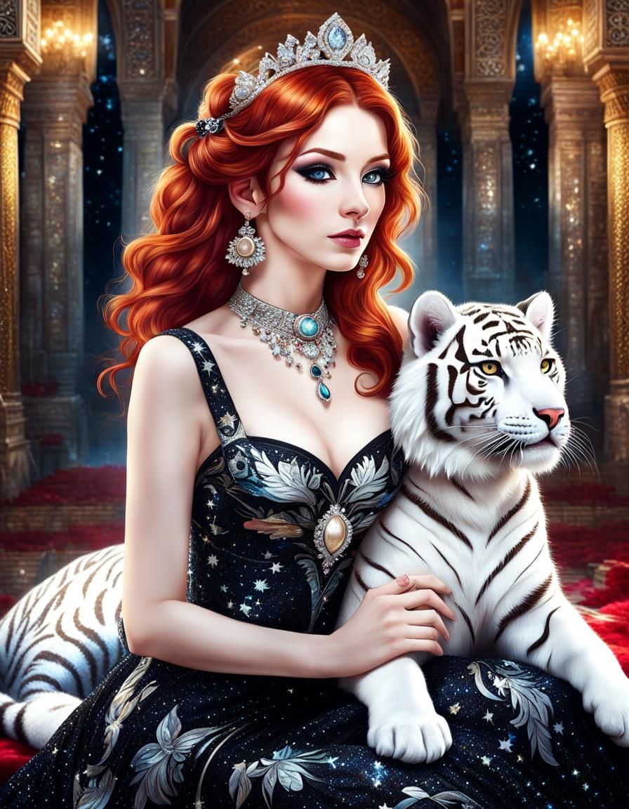 Red-Haired Woman and White Tiger Cub in Palace