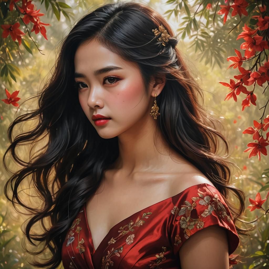 Stunning Portrait of Girl in Red Dress, Vivid Realism