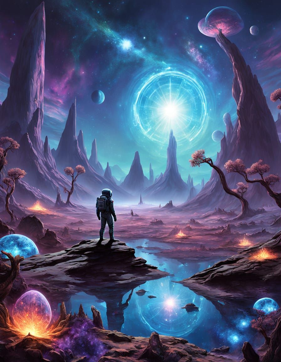 Astronaut Tends Alien Bioluminescent Garden in Cosmic Art St...