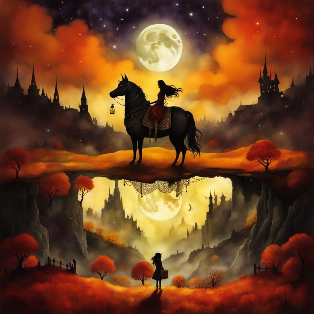 Mythological Moonlit Scene in Vintage Storybook Style