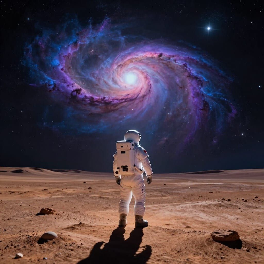 Astronaut on Alien Planet Gazing at Swirling Nebula
