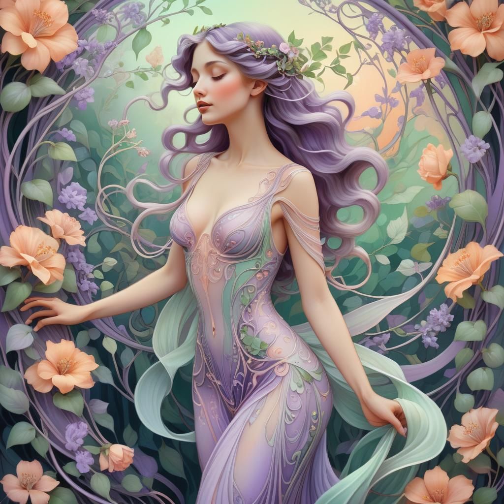 Elegant Woman in Art Nouveau Style with Floral Design