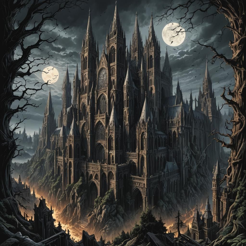 High Gothic Cathedral in Dark Forest, Comic Book Art