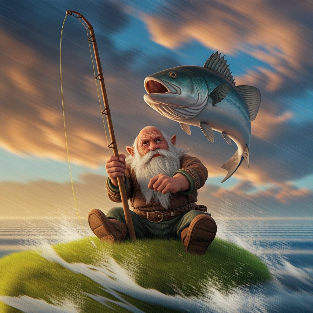 Serene Dwarf Reels in Colossal Fish in Fantasy Seascape