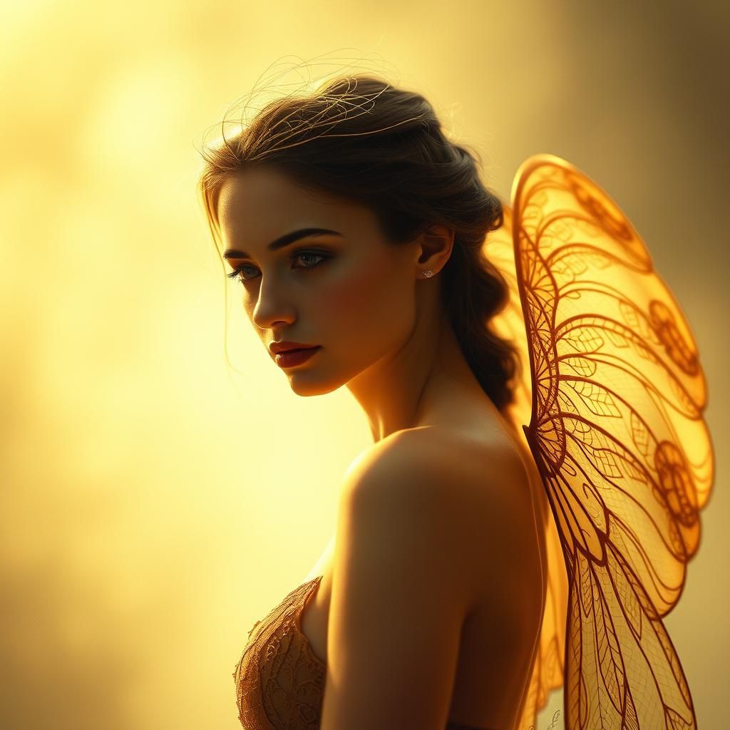 Contemplative Woman with Golden Aura and Wings