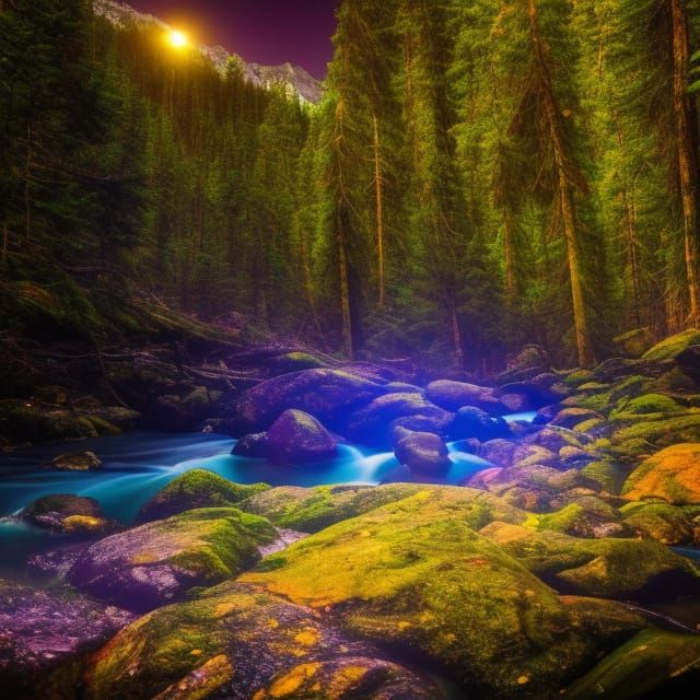 Enchanted Forest with Colorful Flowers in Moonlight