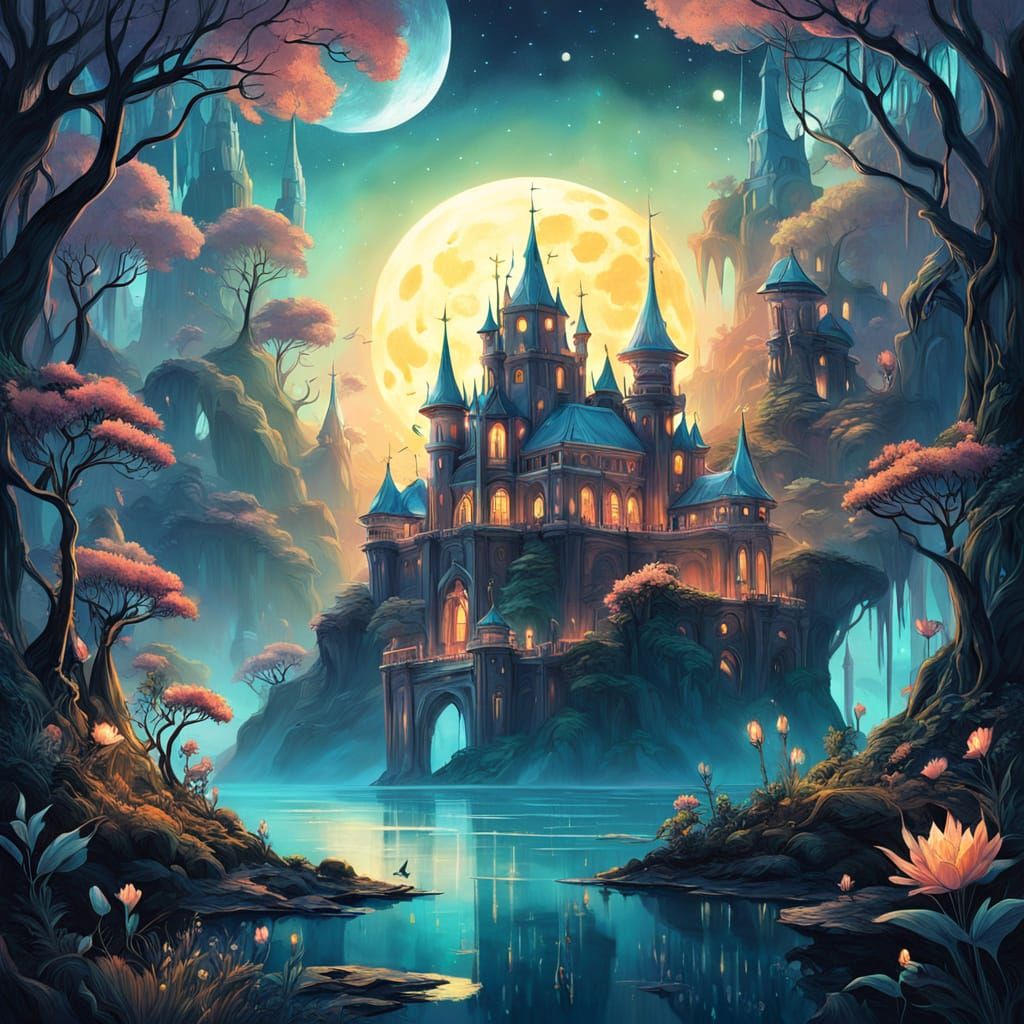 Ethereal Fantasy Palace in Vibrant Art Nouveau Style