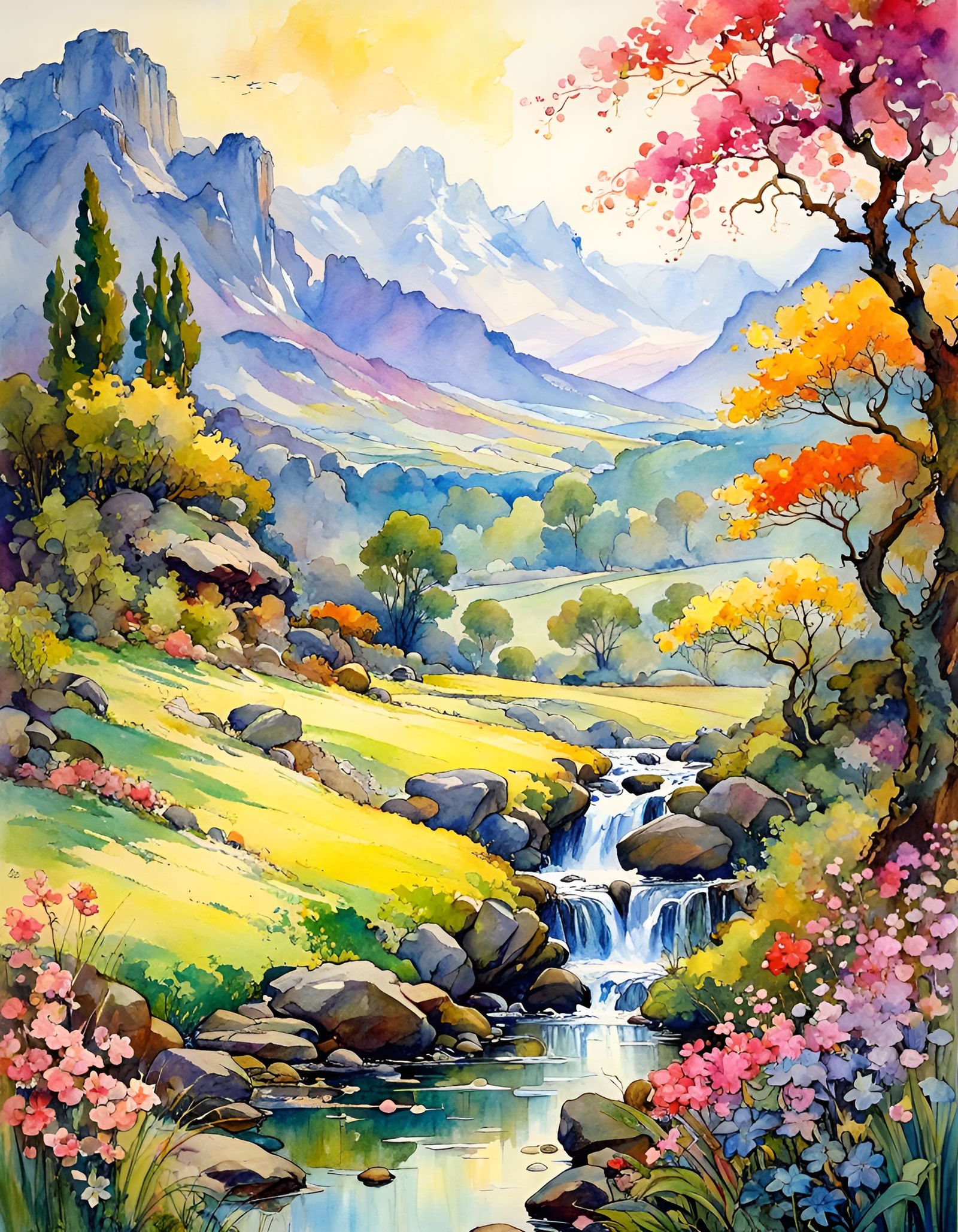 Vibrant Spring Landscape in Watercolour Style
