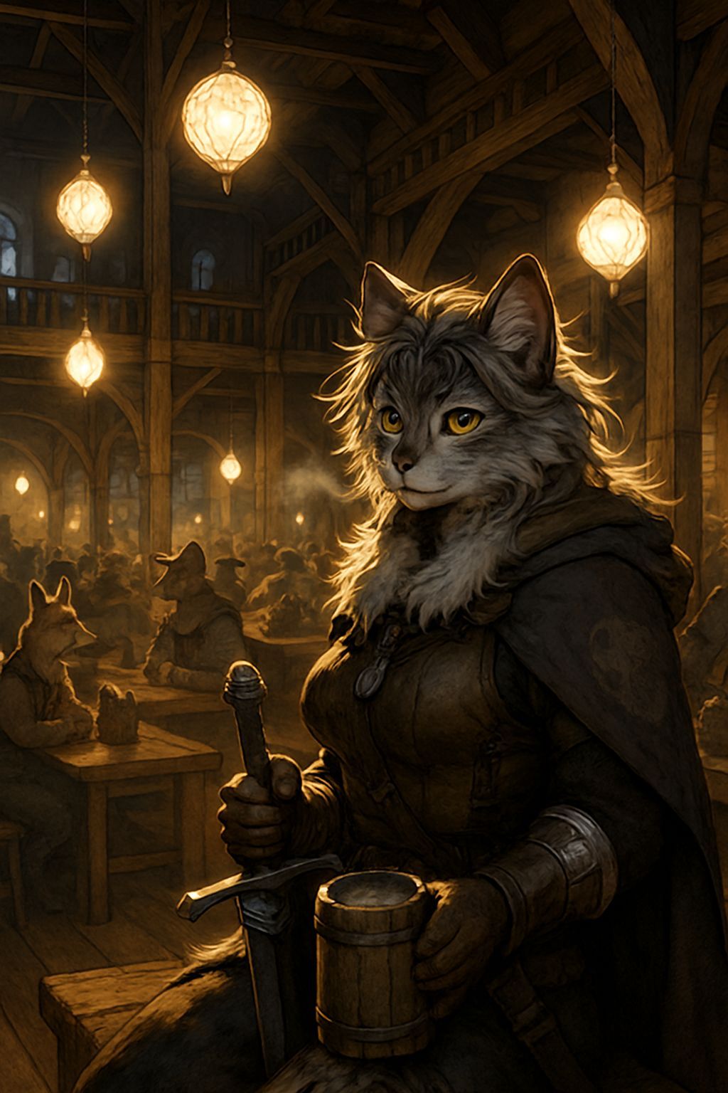 Anime Tavern Scene with Anthropomorphic Cat Adventurer