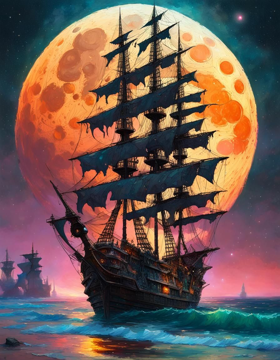 Giant Pirate Ship Under a Luminous Moon
