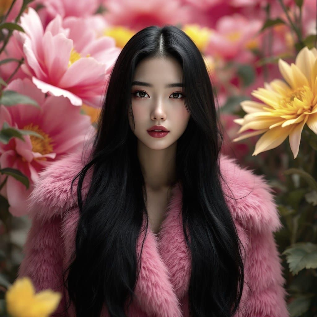 Ethereal Asian Goddess Surrounded by Vibrant Blooms in Overs...