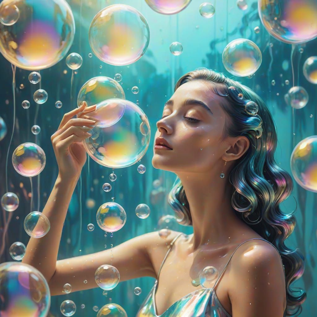 Dreamlike Woman Surrounded by Iridescent Bubbles