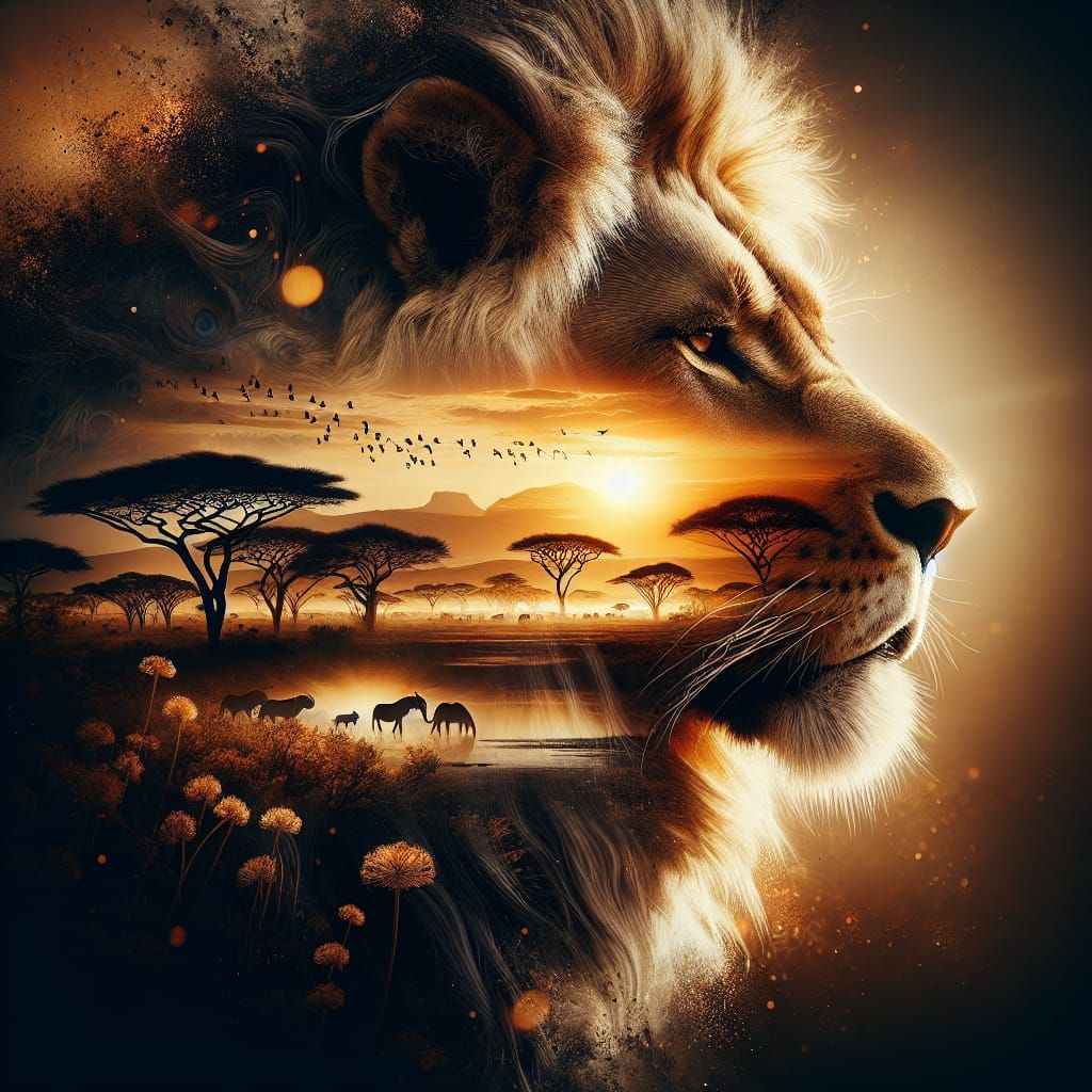 Lion's Regal Profile Merged with African Savanna Sunset