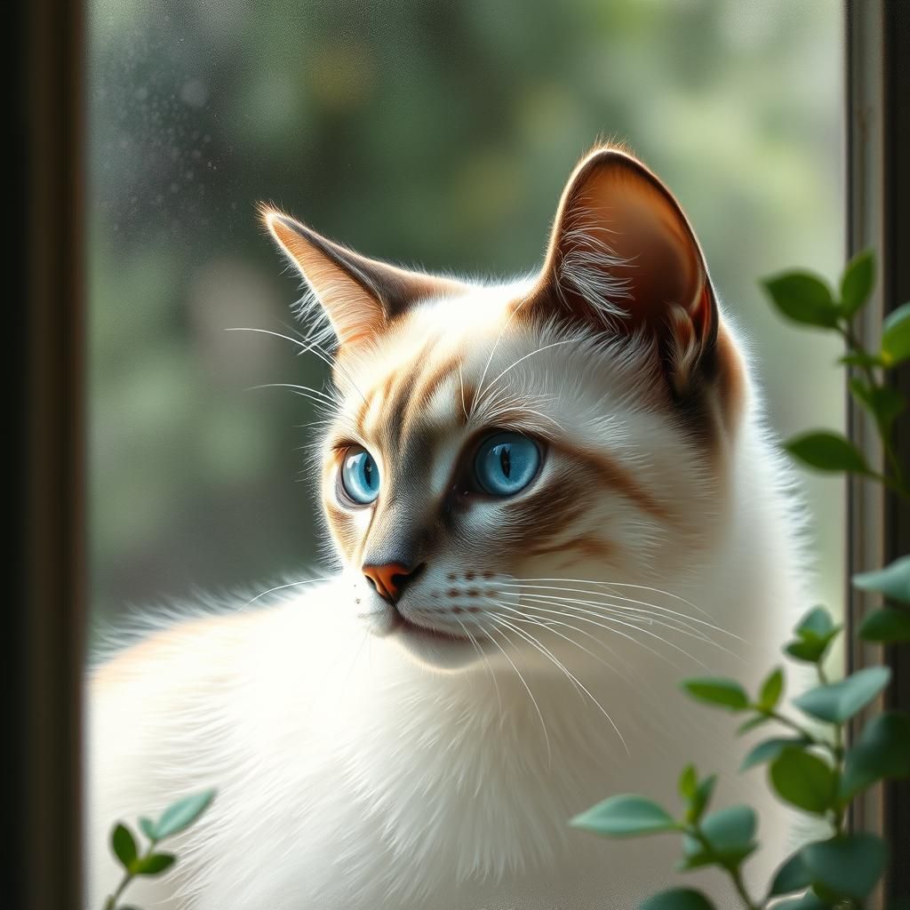 Siamese Cat Gazing Through Window in Impressionist Style