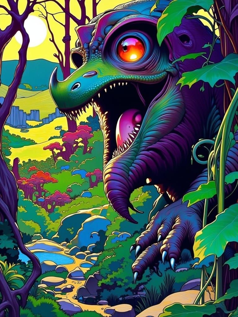 Retro-Futuristic Dinosaur Battle in Vibrant Prehistoric Land...