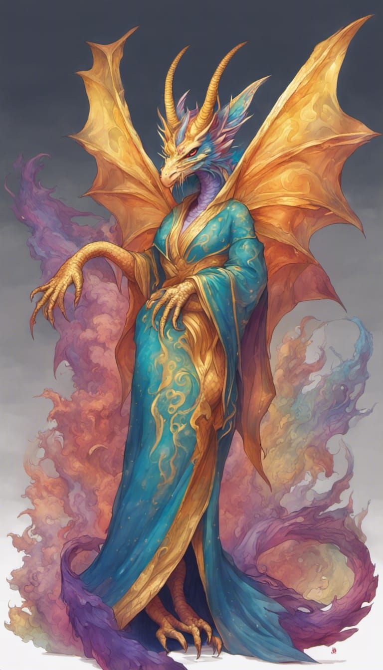 Rainbow Scaled Dragoness in Gold Robe