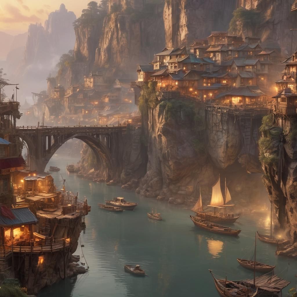 Cliffside City with Misty Bridges in Ethereal Light