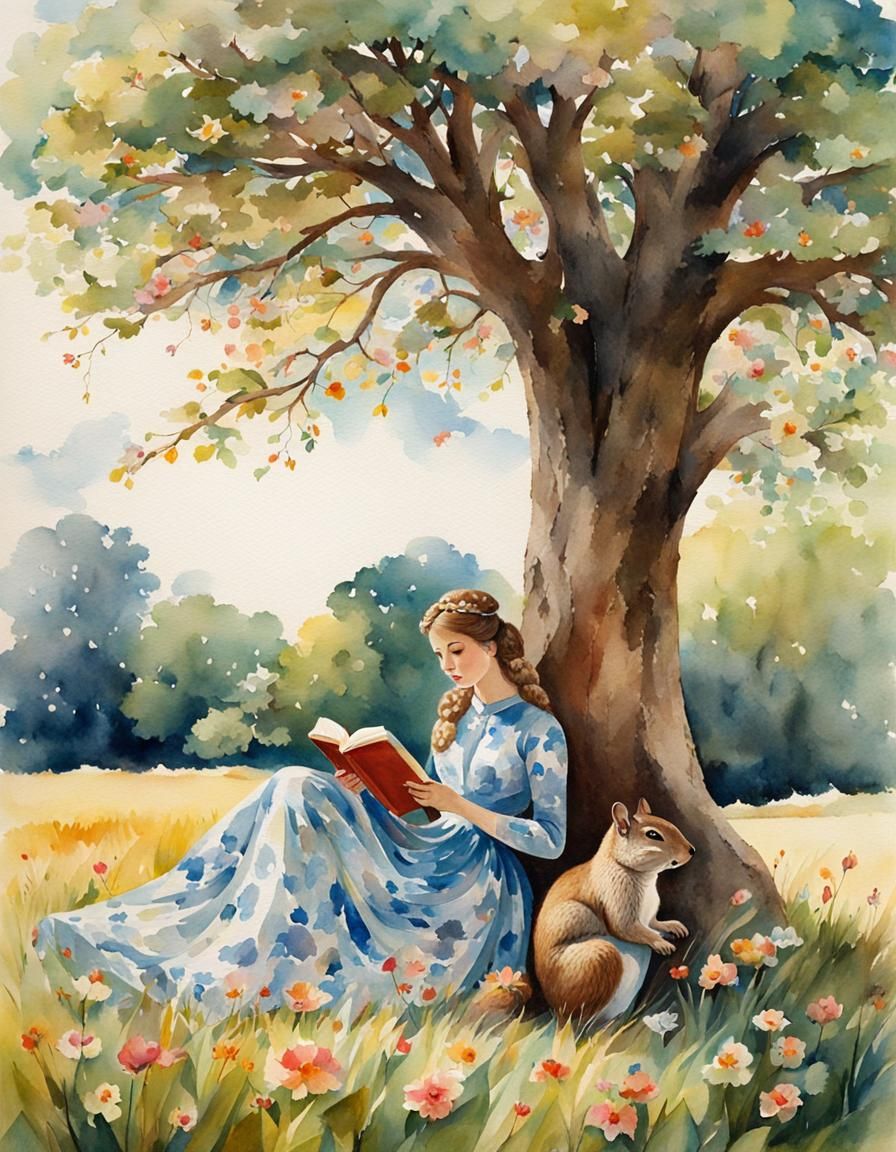 Woman Reading in Field: Detailed Watercolor Illustration