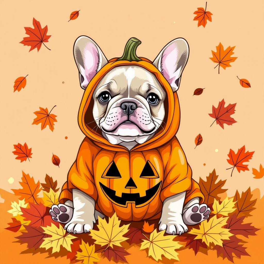 Kawaii French Bulldog in Pumpkin Costume with Autumn Leaves