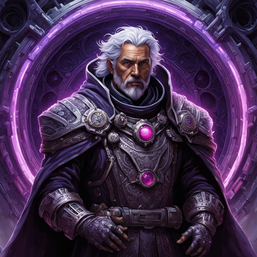 Silver Haired Man Before Space Vessel in Dark Fantasy Art