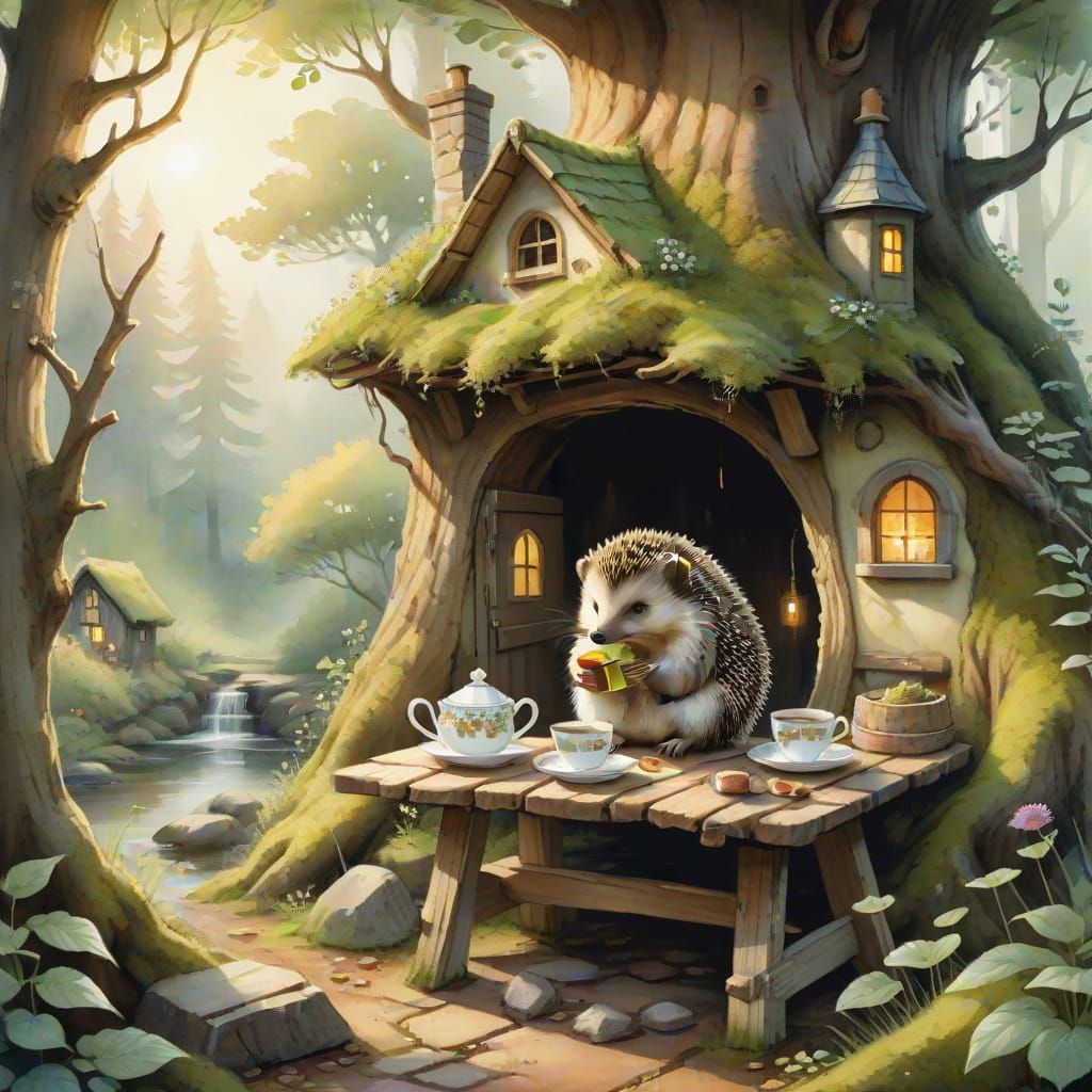 Cozy Watercolor Scene of Hedgehog and Bear in Treehouse