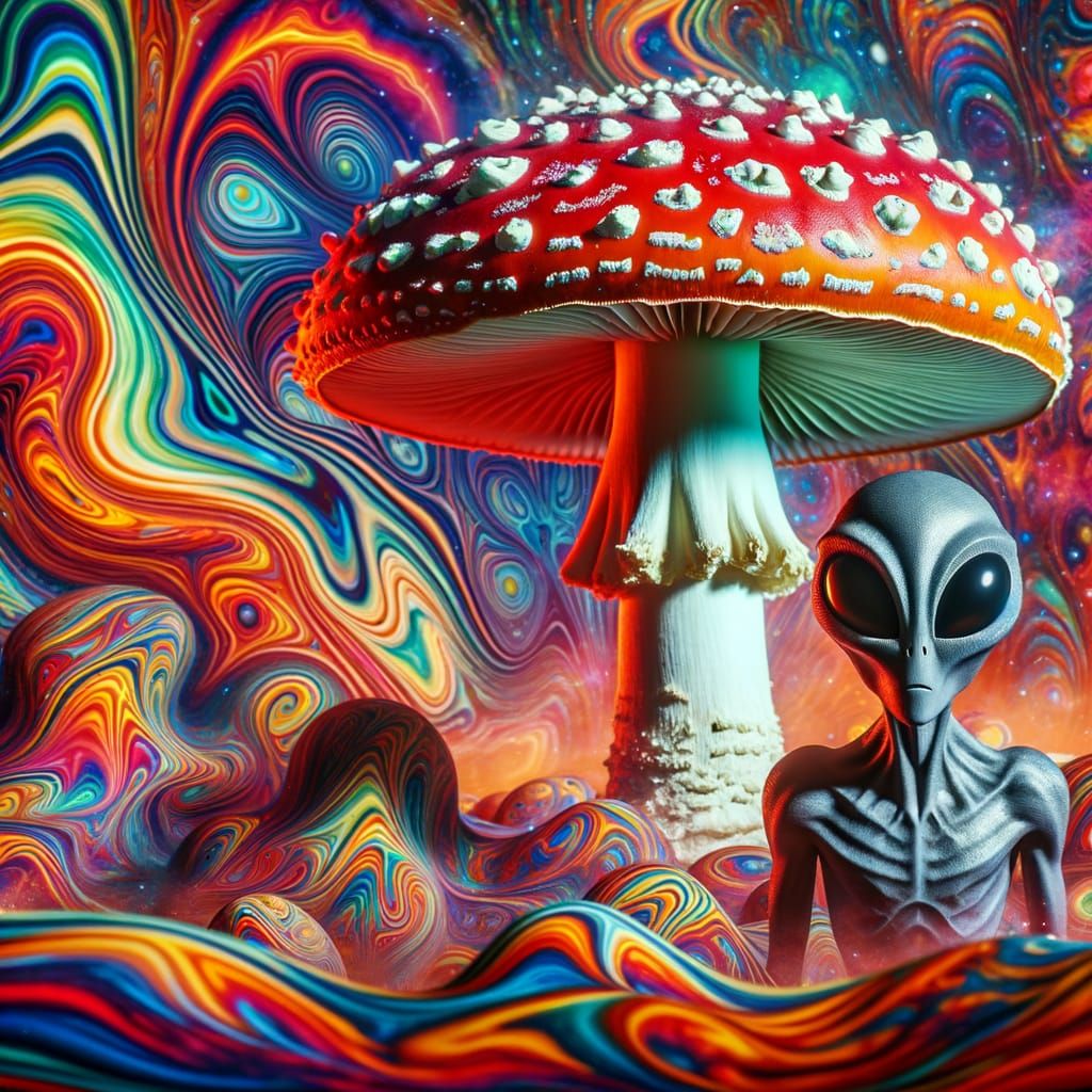Psychedelic Mushroom with Alien Underneath