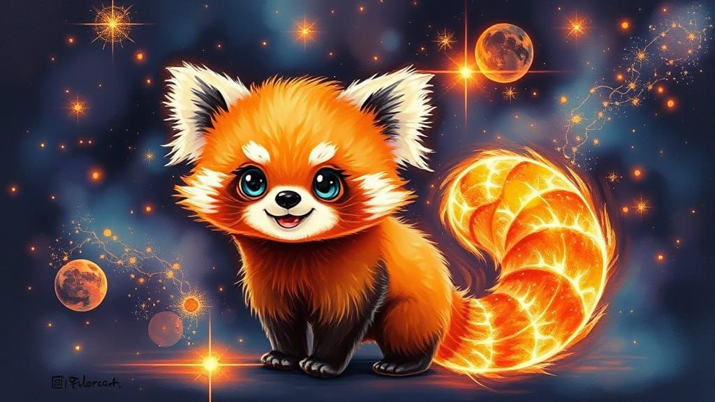 Chibi Red Panda with Bioluminescent Tail in Alcohol Ink Styl...