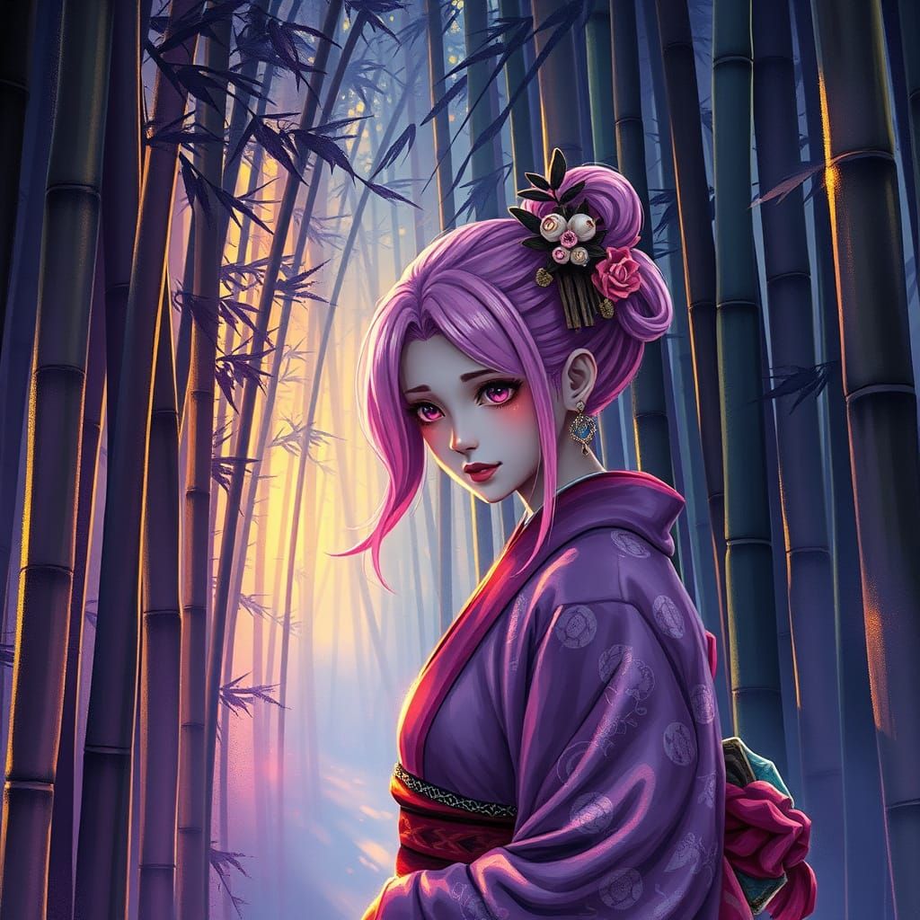 Geisha in Bamboo Forest, Alcohol Ink Style