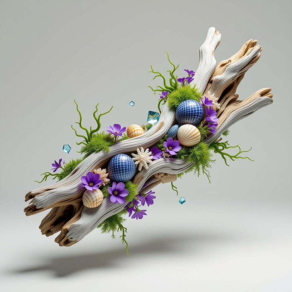 Hyperrealistic 3D Driftwood With Seaweed and Wildflowers