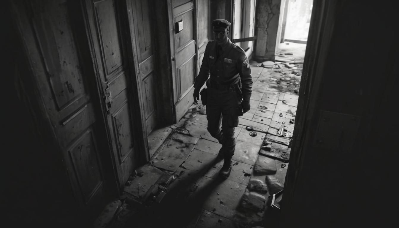 Surreal Mailman in Dystopian Hallway: Photorealistic 8K